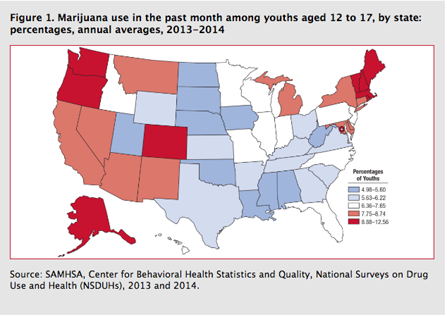 Adolescent marijuana use by state, from SAMHSA.
